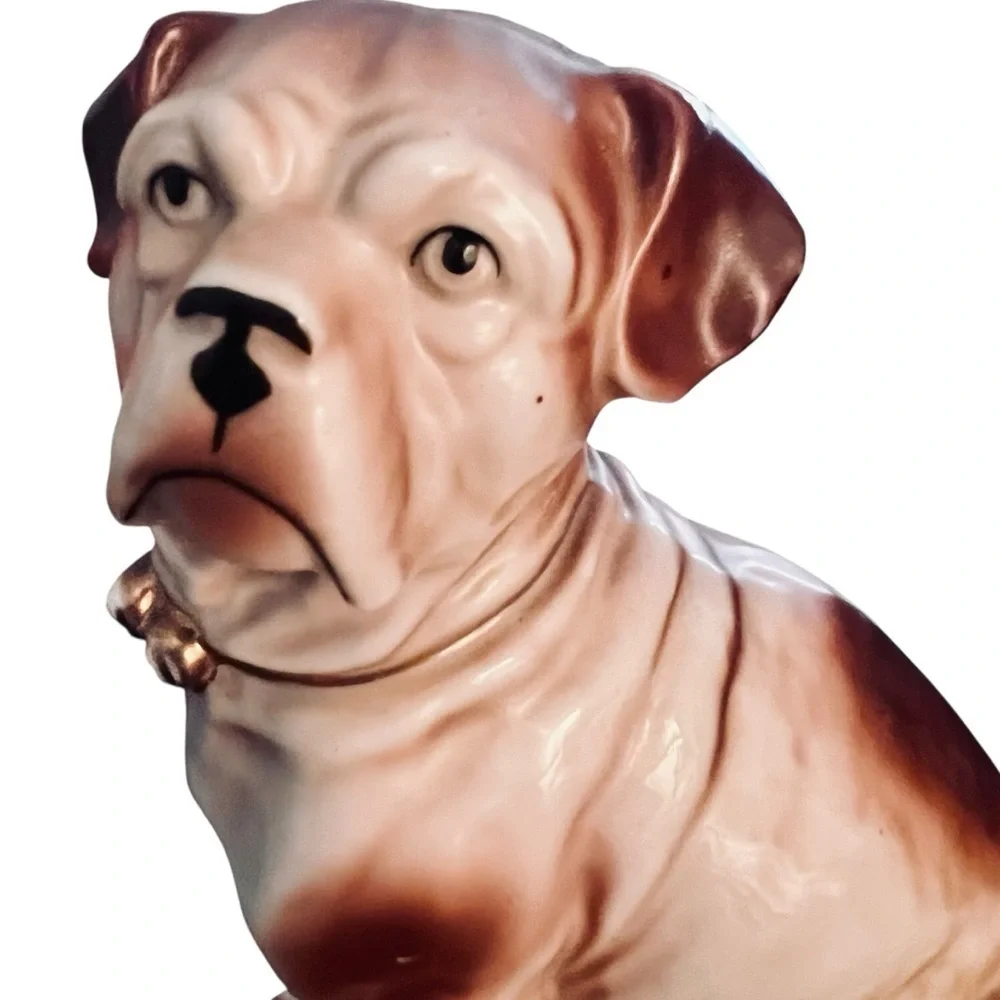 Antique Victorian Bull Dog Mantle Figurine Ceramic Statue Gold Gilt Bell Collar